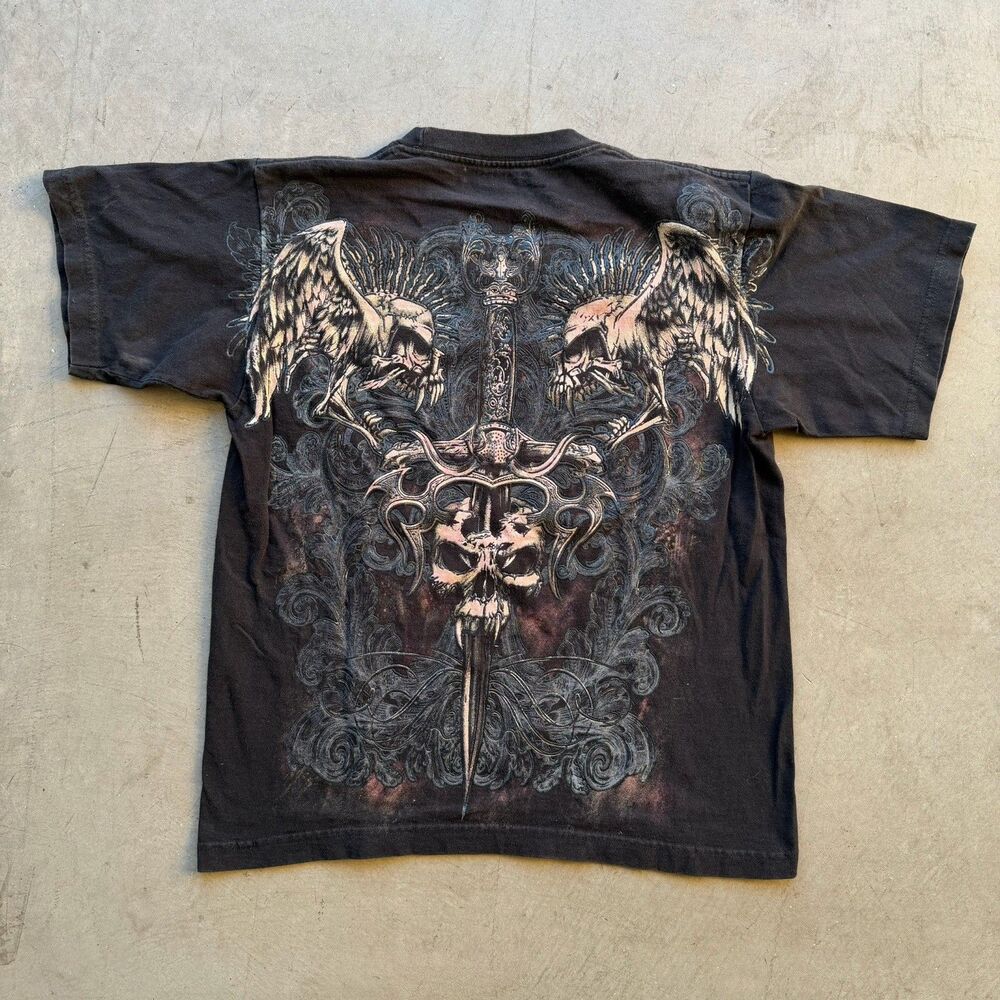 Y2K C&H Sportswear Mens M Skull Wings Shirt Black Affliction Style Sword Skater